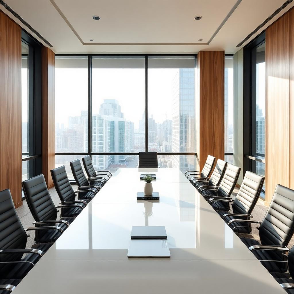 Sala de assembleia com mesa de reunião